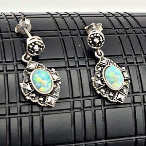 Vintage 925 Fire Opal & Marcasite Dangle Earrings – Sterling Silver, 5g